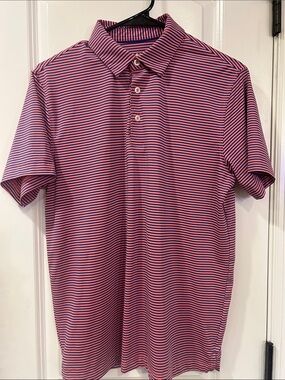 Men's Pink and Navy Striped Polo Shirt - Classic Short-Sleeve